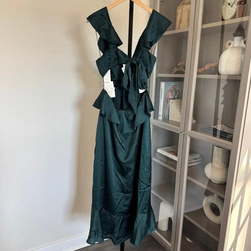 Show Me Your Mumu Zoey Midi Dress NEW Deep Emerald Green Satin Ruffle Trim Small - Picture 3 of 7